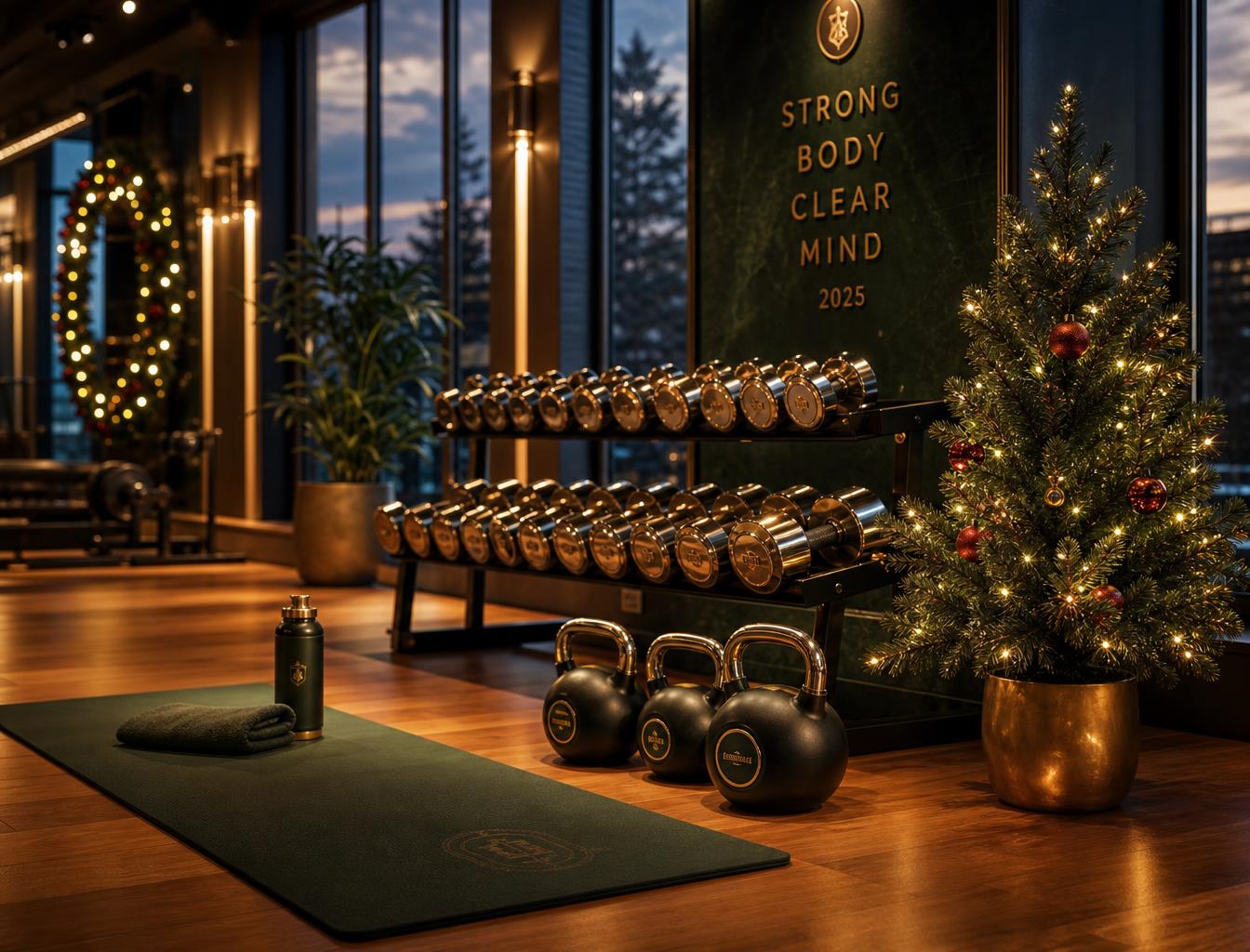 Premium gym area decorated for Christmas with dumbbells, kettlebells, yoga mat, and a lit Christmas tree